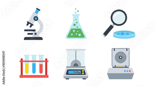Assorted laboratory science equipment and analysis icons.