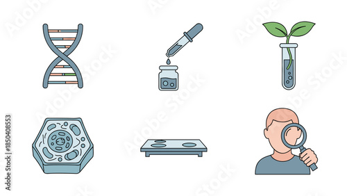 Collection of science laboratory icons featuring DNA, microscope, test tubes, petri dish, plant culture and researcher imagery.