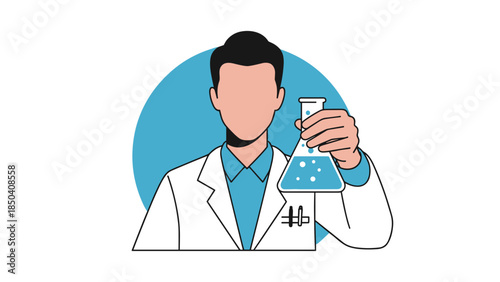 Animated scientist in lab coat holding a beaker, illustrating a chemistry scene in a modern laboratory.