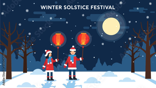 People celebrating Winter Solstice Festival under starry night sky with lanterns in snow