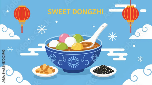 A vibrant illustration of a traditional dessert bowl with sweet dumplings and lanterns in a festive atmosphere