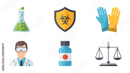 Science themed laboratory safety and equipment icons illustrating science professionals and tools.