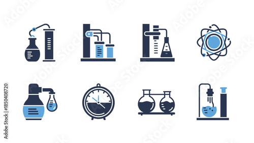 Set of blue science lab icons illustrating laboratory equipment and experiments.
