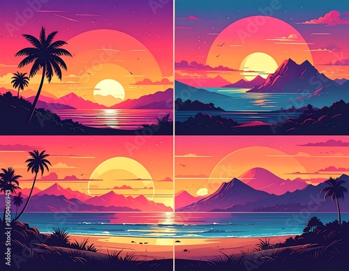 Quad view of colorful tropical sunset landscapes with palm trees, water, mountains, bright skies, and warm colors