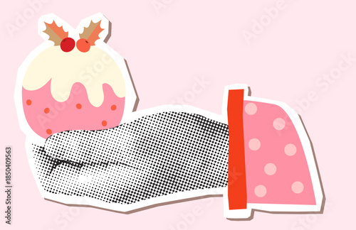 Halftone hand collage with pink Christmas pudding, cute vector pie with leaves for holiday designs
