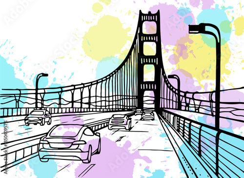 Nice view of Golden Gate Bridge. San Francisco, USA. Hand drawn line sketch. Ink drawing. Colorful blobs. Vector illustration on white.