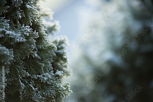 Thuja branches covered in frost. Evergreen Cypress. Peaceful winter landscape. Nature background or banner