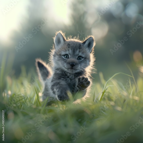 Adorable Kitten Playing Outdoors in Sunlit Grass.