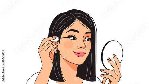 Woman applying mascara to eyelashes while holding a mirror