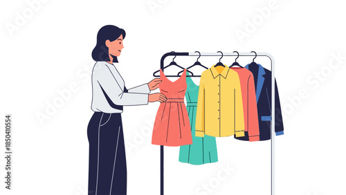 Woman choosing a coral dress from a rack of clothes