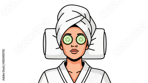 Woman with cucumbers on eyes wearing a towel and robe