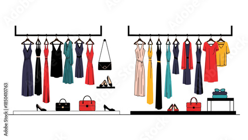 Womens dresses handbags and shoes displayed on racks and shelves