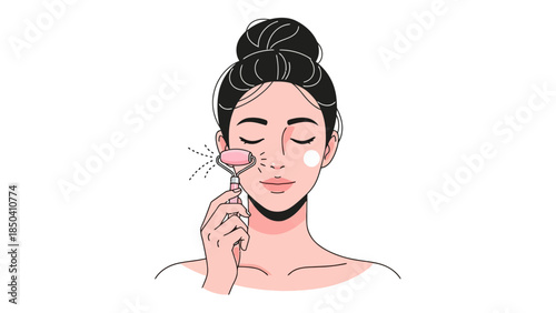 Womans face with a pink jade roller on cheek