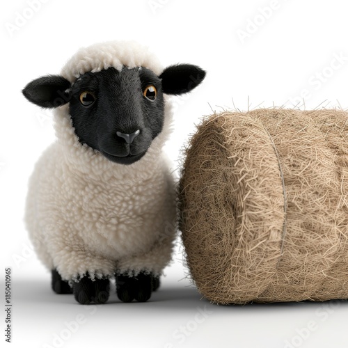 Adorable Lamb Next to Woolly Roll on White Background.