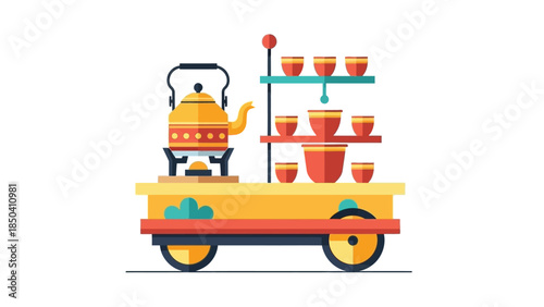 Flat illustration of a colorful tea cart with a kettle and cups on a white background.