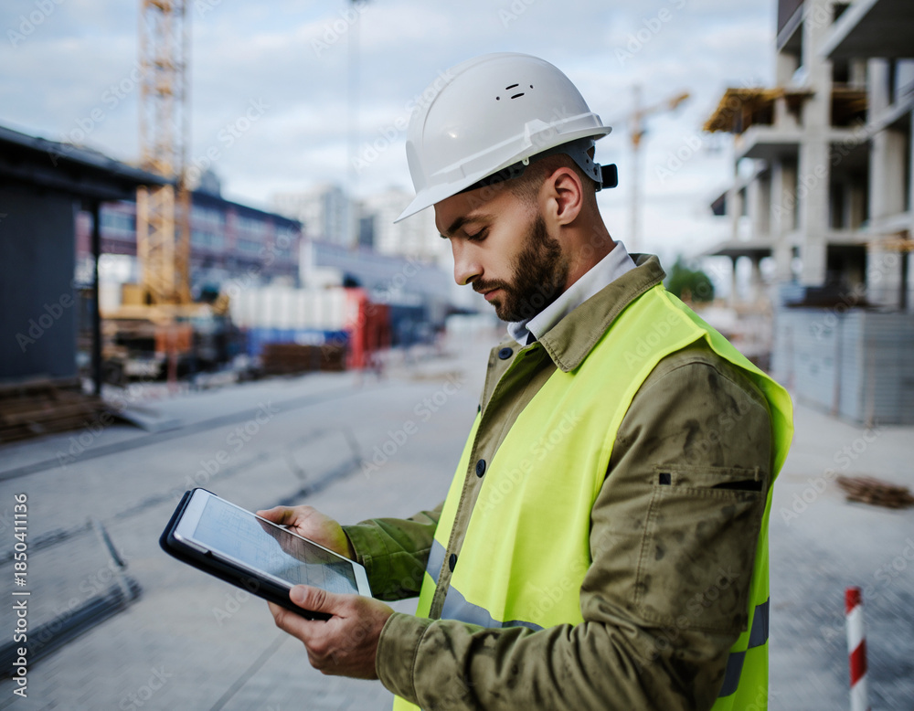 Obraz premium Construction Worker Using Tablet for Digital Jobsite Management