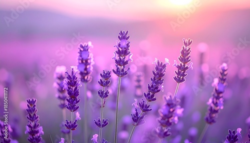 Lavender blooms stretch skyward against a hazy pink sunset, creating a soft and dreamy floral vista