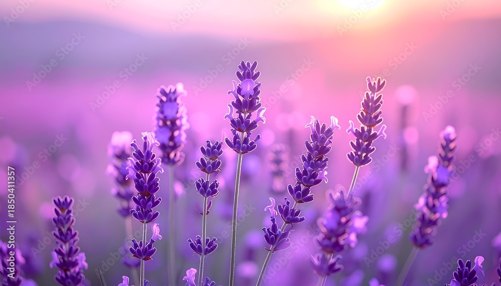 Fototapeta premium Lavender field at sunset glows with soft purple hues, casting warm light over fragrant blossoms