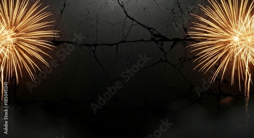 Vibrant fireworks exploding against dark cracked concrete background