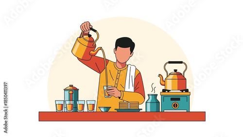 Man in orange and yellow shirt pouring tea (Indian Street Chai Tea) from a kettle into a cup on a red counter with various tea utensils and equipment.