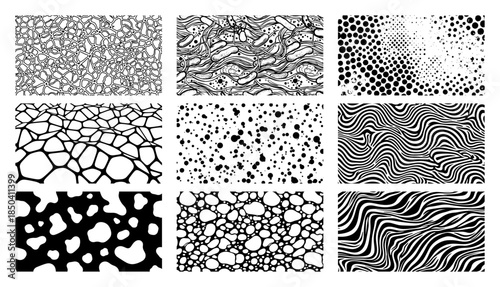 Set of nine abstract organic textures and patterns in black and white vector line art