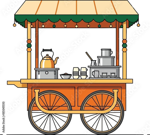 Colorful illustration of a food cart with cooking equipment and utensils on a white background.