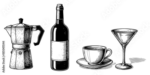 Vintage woodcut style illustration of moka pot wine bottle coffee cup and martini glass