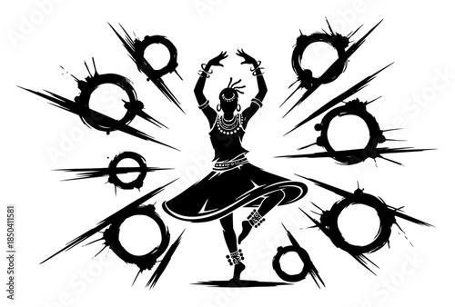 Powerful illustration of a traditional tribal woman dancing with energetic abstract graphic details