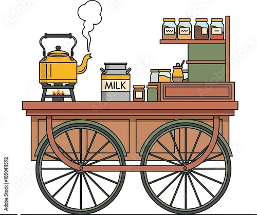 Illustration of a traditional wooden food cart with a kettle, milk can, and jars on a white background, conveying a nostalgic and culinary theme.