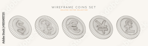 Minimalist Wireframe Crypto Coins Set With Bitcoin, Dollar, Yen, Won, Pound, Euro Symbols For Finance And Blockchain Themes. Wireframe Crypto Money 3D Style. Cryptocurrencies. Vector Illustration