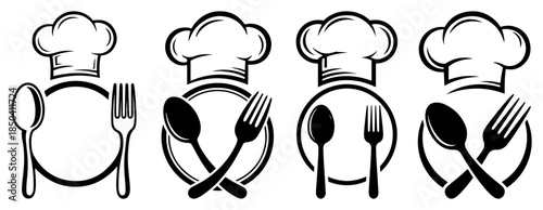 Set of minimalist culinary logos with chef hats and crossed cutlery icons for restaurant branding