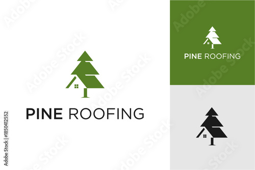 Modern pine tree roofing logo featuring a stylized pine tree combined with a house roof shape