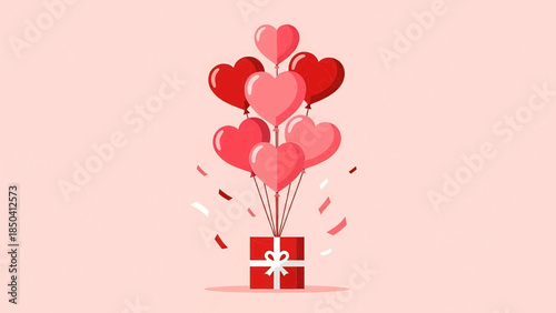 Heart-shaped balloons rising from a gift box on a pink background