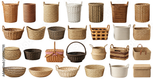 Set of baskets of different shapes isolated on a transparent background, png