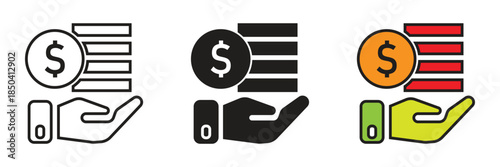 Vector illustrations of a hand holding a dollar coin and money stacks, symbolizing income, earnings, financial support, and personal savings.