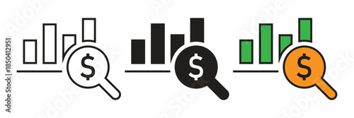 Business icons featuring bar charts and a magnifying glass with a dollar sign, ideal for financial analysis and market research.
