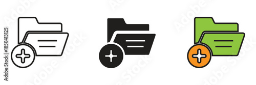 Folder icon with plus sign symbol, representing adding new directories, file organization, digital storage management, and creating new data folders.
