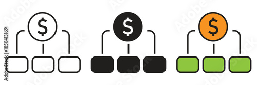 Money distribution icons showing a dollar coin branching into categories, ideal for financial hierarchy, budgeting, organizational structures, and cost breakdowns.