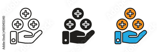 Hand holding three coins with plus signs representing financial benefits, investment returns, money growth, and business profit vector icon set.