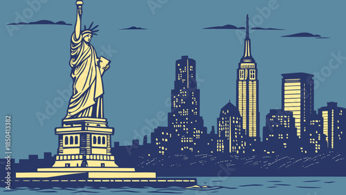 New york skyline frames lady liberty in a gorgeous nyc panorama perfect for travel blogs, tourism websites, and citythemed designs.