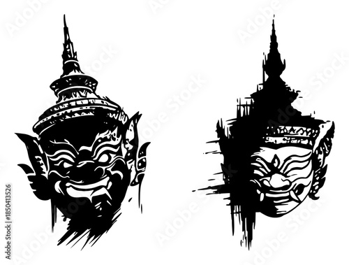 Vector sketch of traditional Asian giant demon heads with grunge brush textures