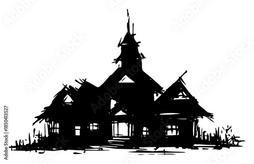 Silhouette vector illustration of traditional wooden Thai house or temple architecture
