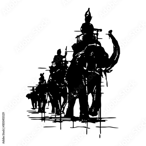 Silhouette of a traditional asian elephant with rider and howdah