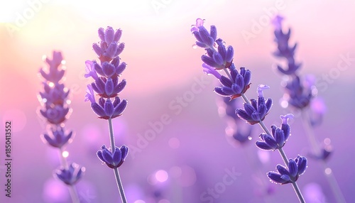 Lavender stalks glisten in soft morning sunlight, bathed in delicate purple and pink hues