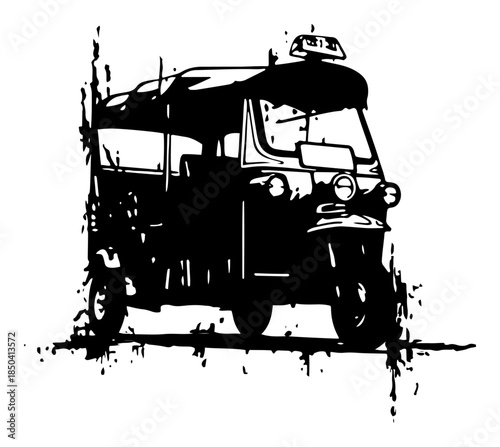 Black and white vector illustration of traditional Asian tuk tuk taxi vehicle