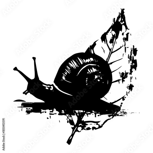 Black and white silhouette of a garden snail crawling on a leaf