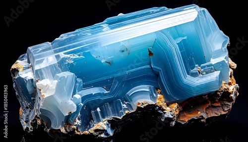 Layered blue mineral specimen on dark matrix, with horizontal striations and translucent edges