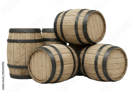 Five aged oak aging barrels with distressed texture and dark iron hoops, arranged dynamically on a seamless bright white studio background. Sharp, photorealistic product shot. Concept of