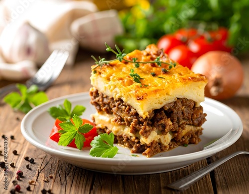 Layered ground meat dish on a plate with parsley, tomatoes, and garlic, on a wooden table