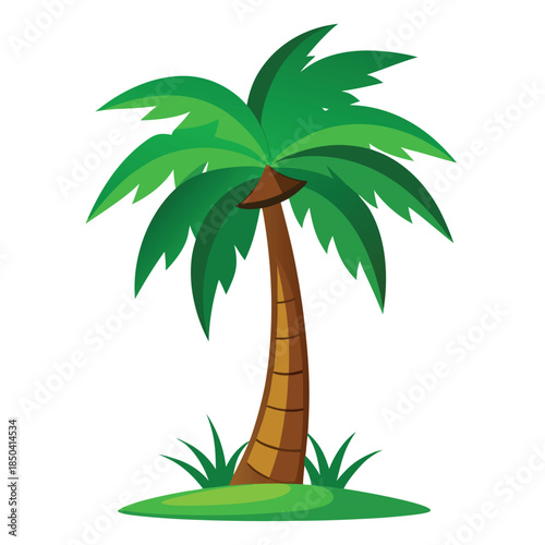 Cheery Cartoon Illustration of a Vibrant Green Palm Tree with Sunny Sky